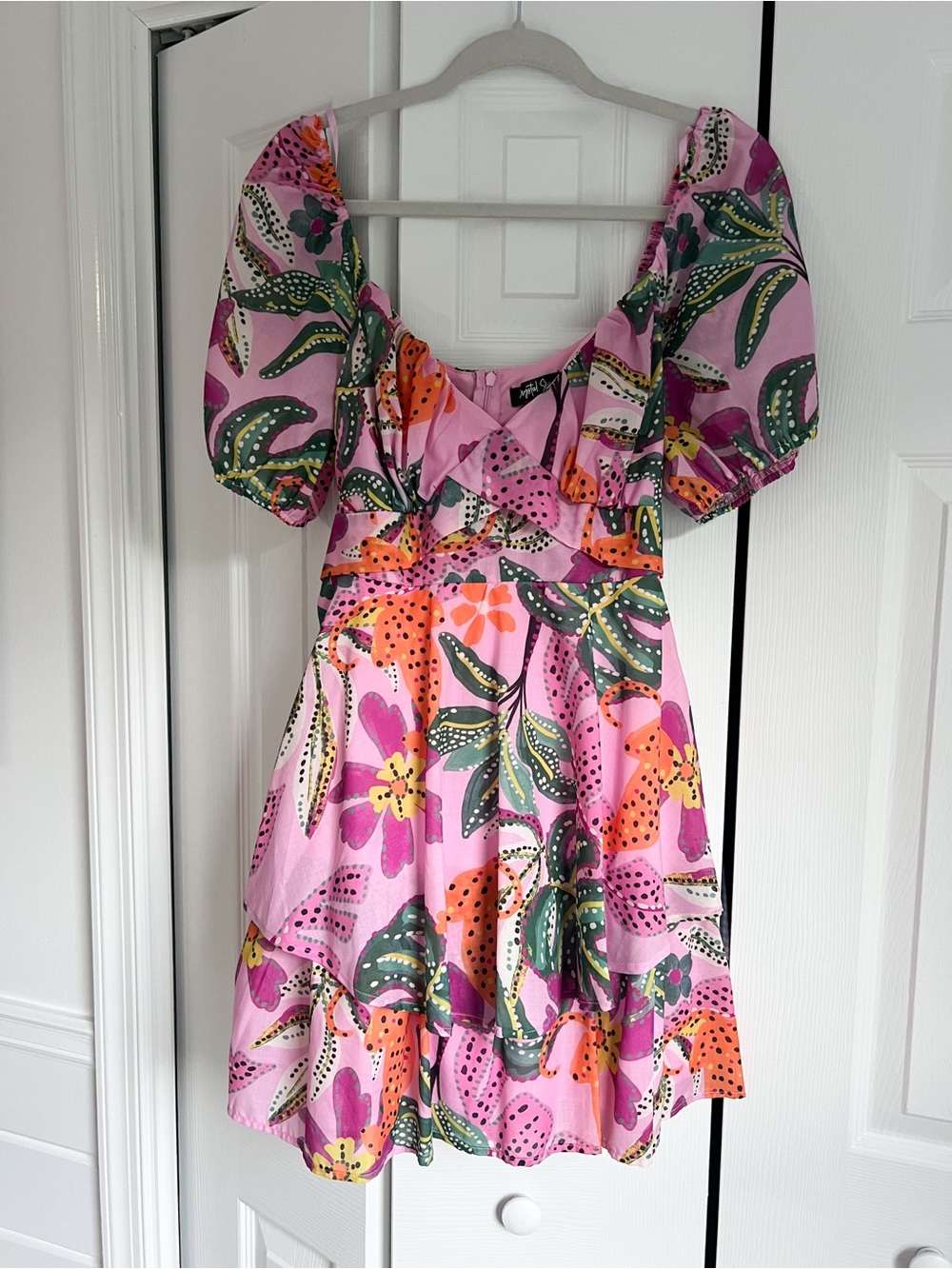 Women’s Pink Floral Puff-Sleeve XL Mini Crystal Sky Dress